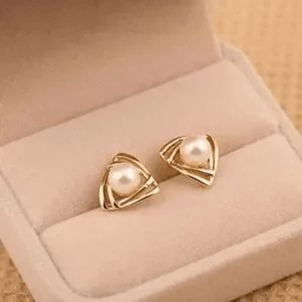 Gold Pearl Geometric Stud Earrings